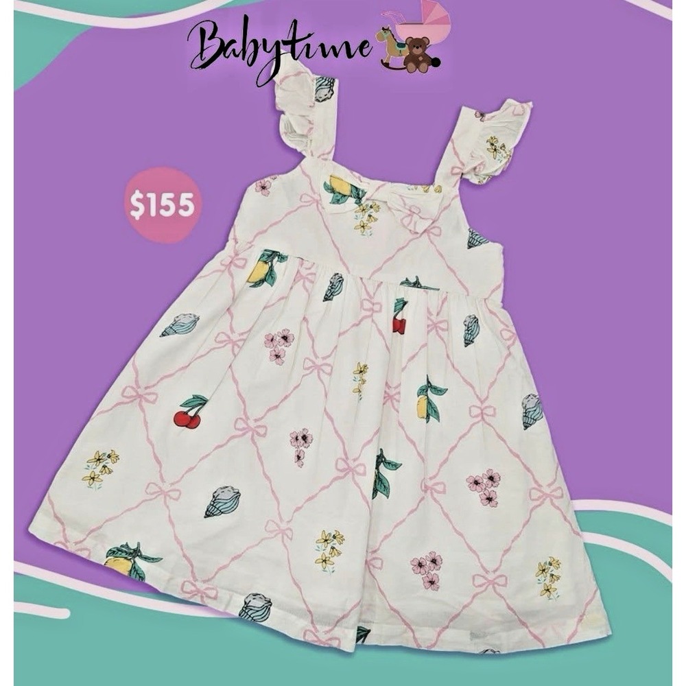 Kiwi Toddler Girl Size 4T Bows Fruit Floral Flutter Sleeve Lined Sun Dress‎